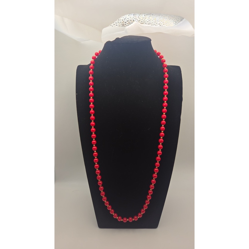 Vintage MONET 30'' Round Red acrylic Bead Necklace with Gold Tone Spacers